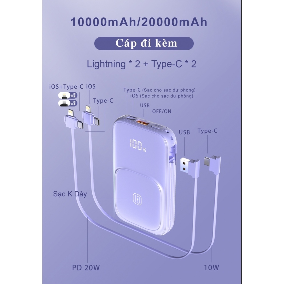 Sạc dự phòng không dây W1 PD 20W HUAWEI 22.5W 10000mAh/20000mAh, Sạc Không Dây Max 15W