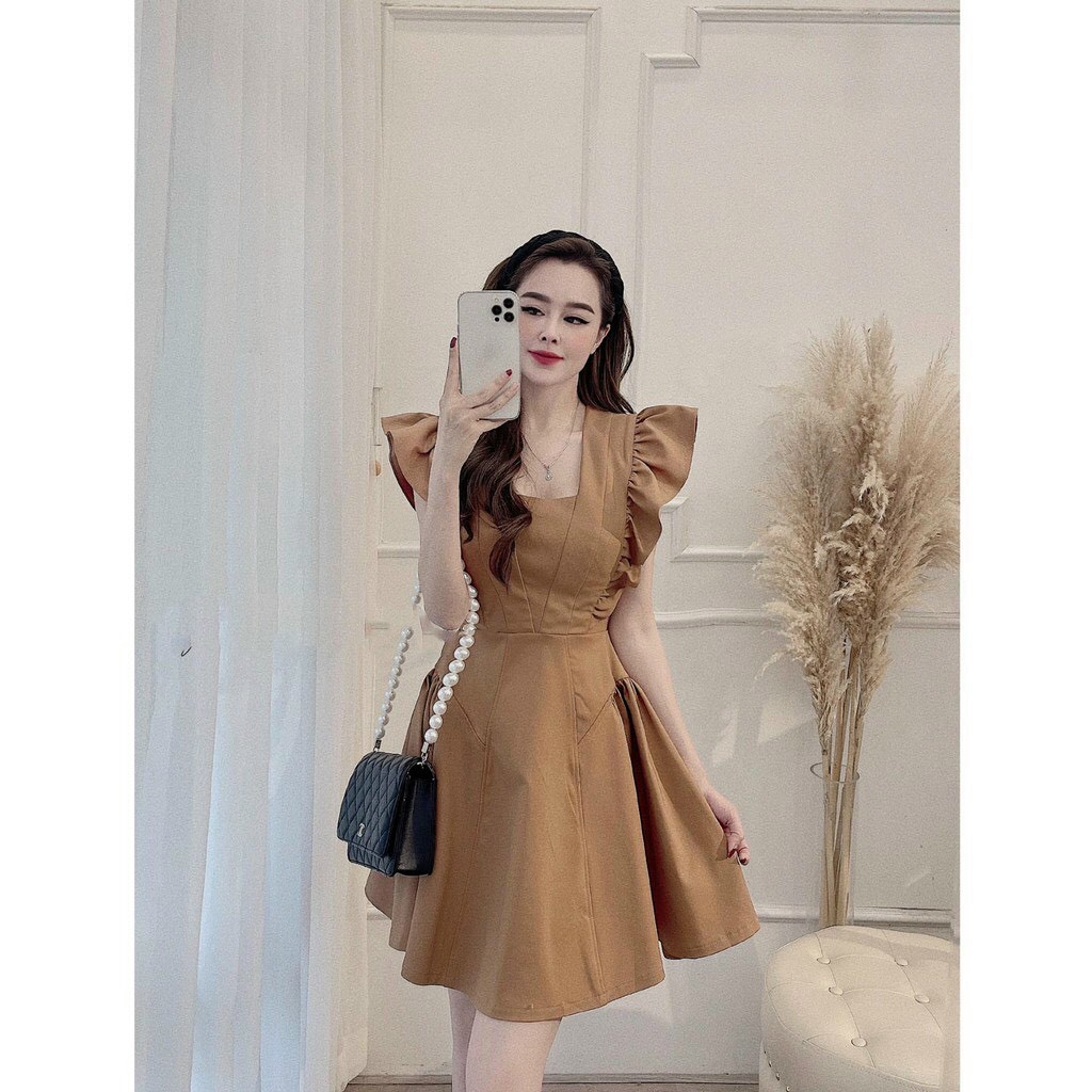 Đầm nâu cánh tiên bánh bèo xinh xắn, váy xòe đi chơi dễ thương dàng ngắn