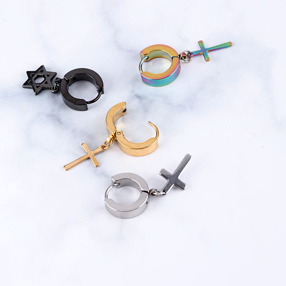 Khuyên tai mặt hình chữ thập / ngôi sao sáu cánh bằng thép không gỉ phong cách cá tính dành cho nam và nữ