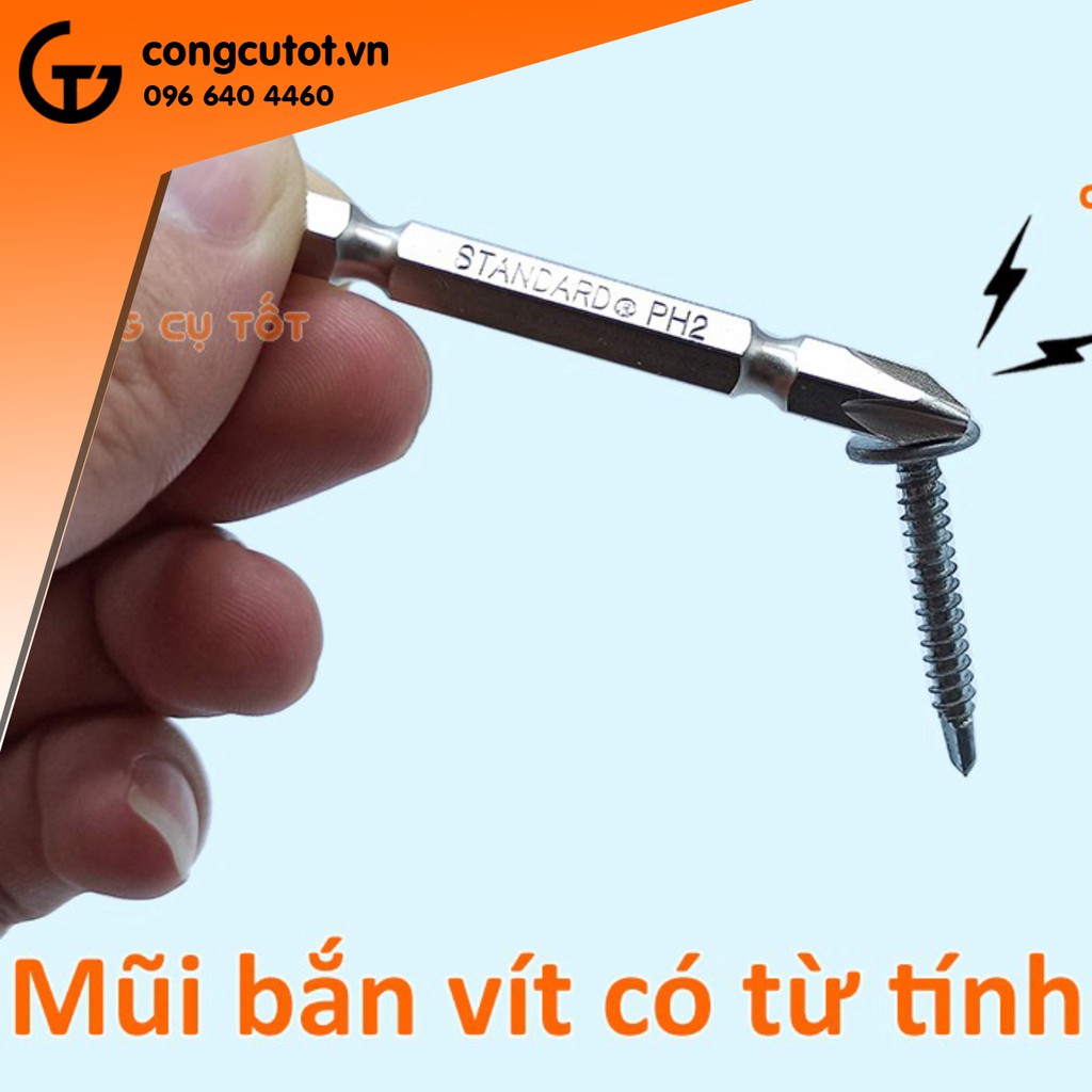 Mũi bắn vít 2 đầu bake thép S2 si trắng Standard Đài Loan dài 65mm