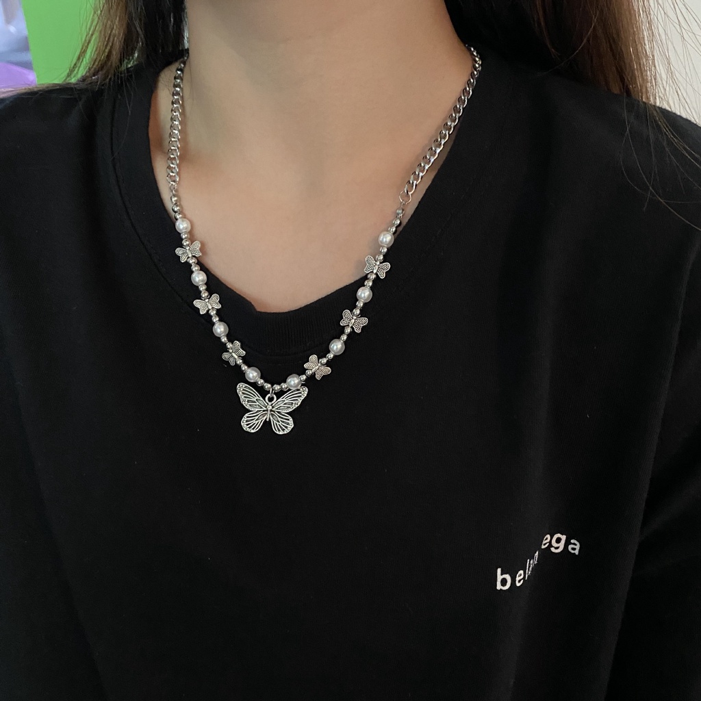Dây chuyền thép titan phối mặt hình bướm phong cách hip hop cá tính
