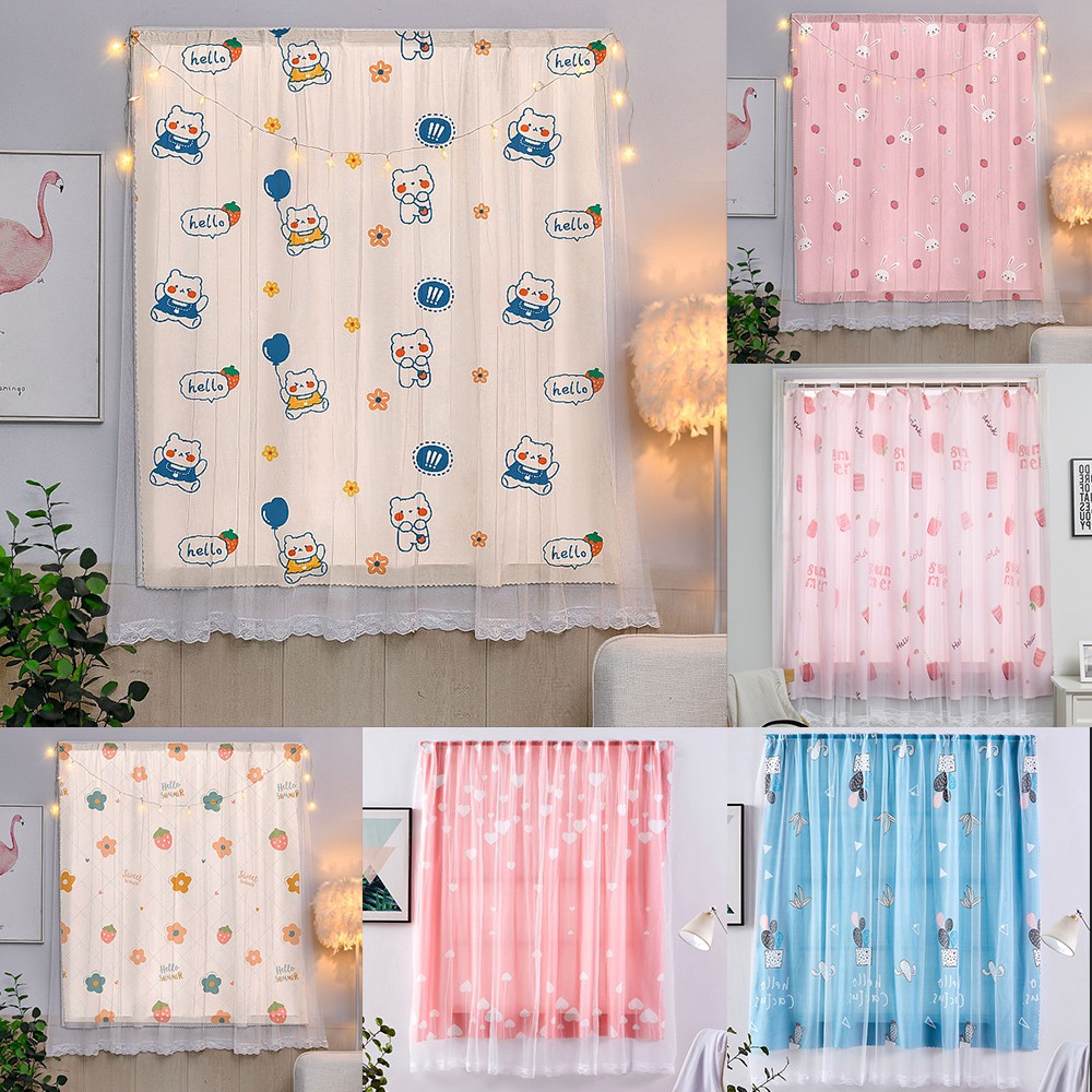 Rèm Cửa Đôi Tự Dính Không Cần Khoan Họa Tiết Hoạt Hình Dành Cho Bạn Gái