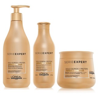 Combo dầu gội, dầu xả, hấp dầu Loreal Serie Expert Gold Quinoa + Protein Absolut Repair 500ml