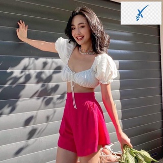 💁💪 Set đi biển crop trắng nhíu ngực tay bồng quần sort hồng siêu xinh đi biển tiệc tùng đều được – B017 💁💪