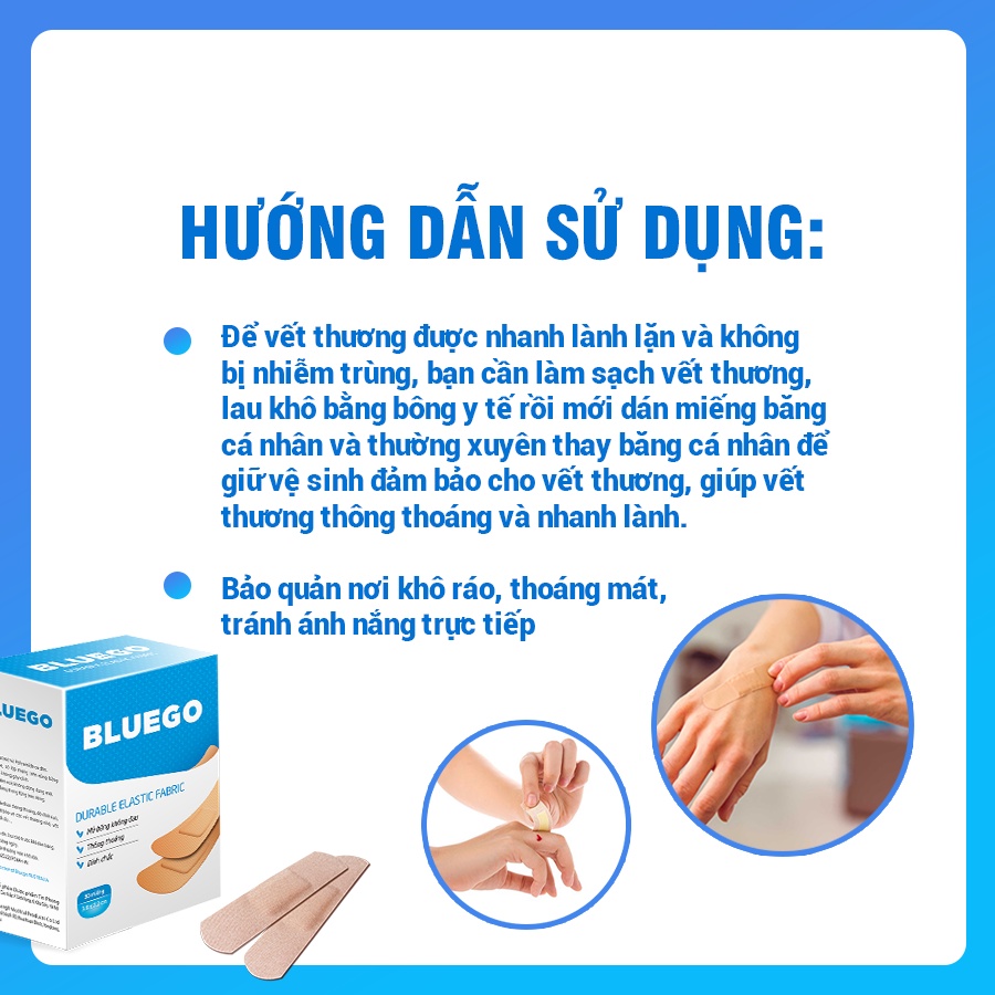 Băng gạc y tế, băng gạc cá nhân, băng dính Bluego - hộp 30 miếng