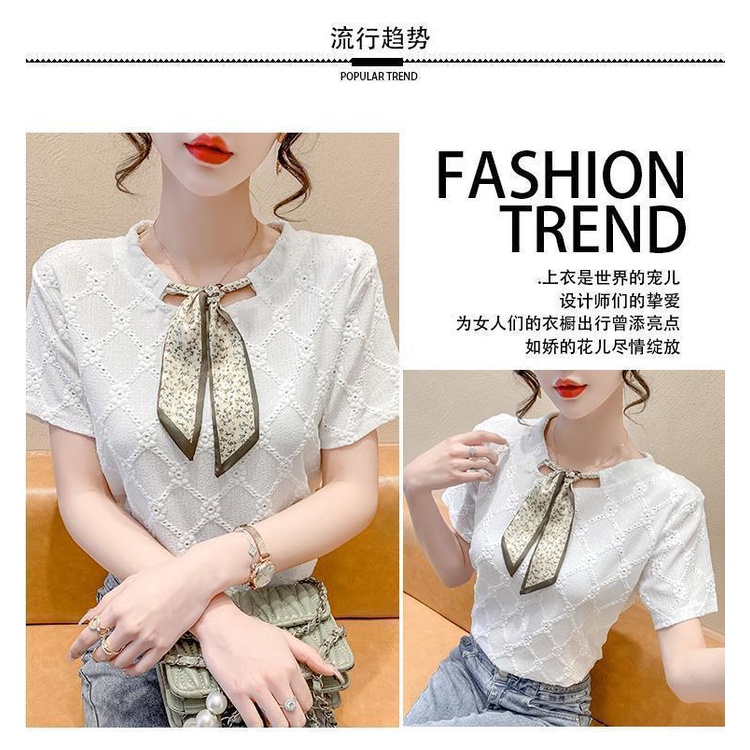 Áo Thun Tay Ngắn Phối Ren Thắt Nơ Thời Trang Mùa Hè 2023 Phong Cách Mới Cho Nữ