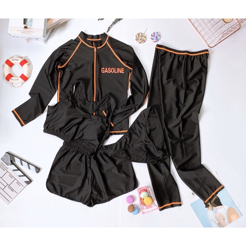 [BIG SIZE] Bộ đồ bơi bikini nữ 5 mảnh dài tay đen khoá cam GASOLINE