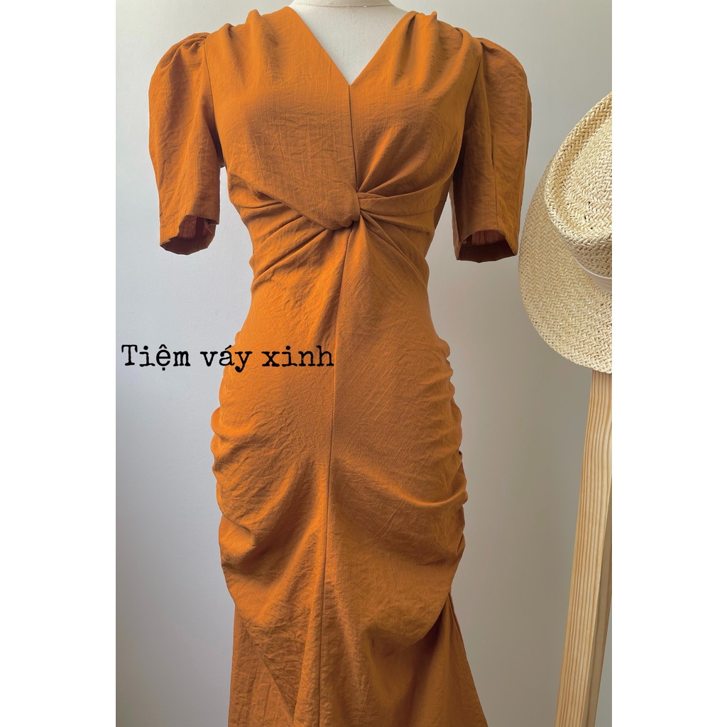Váy nữ vintage dài xoắn vải đũi mềm mát lên dáng chuẩn