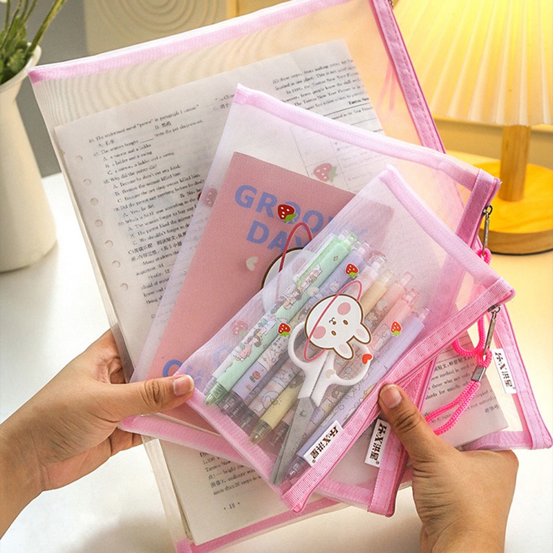 Túi Lưới Trong Suốt Đựng Tài Liệu Có Khóa Kéo In Hoạt Hình Dễ Thương