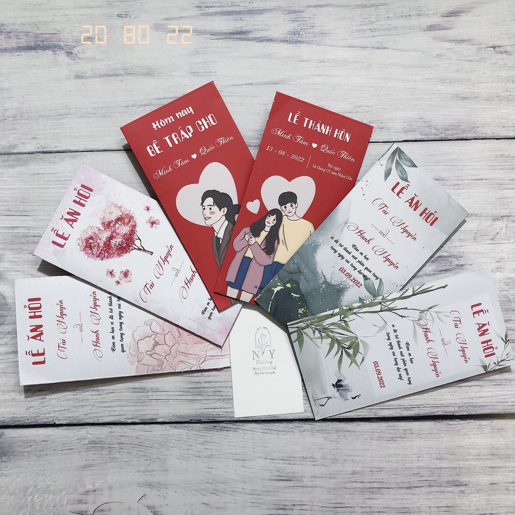 Bao lì xì đám cưới đẹp in tên dâu rể kèm lời cảm ơn đội bê tráp