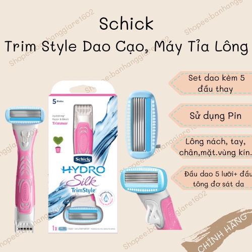 Schick Set Dao Cạo, Máy Tỉa Lông Schick Hydro Silk Trim Style Kèm 5 Lưỡi Thay Thế (Có Sẵn)