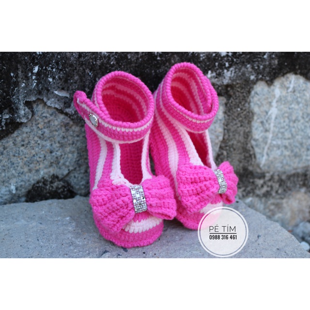 Giày len handmade/ giày búp bê nơ hồng cực yêu