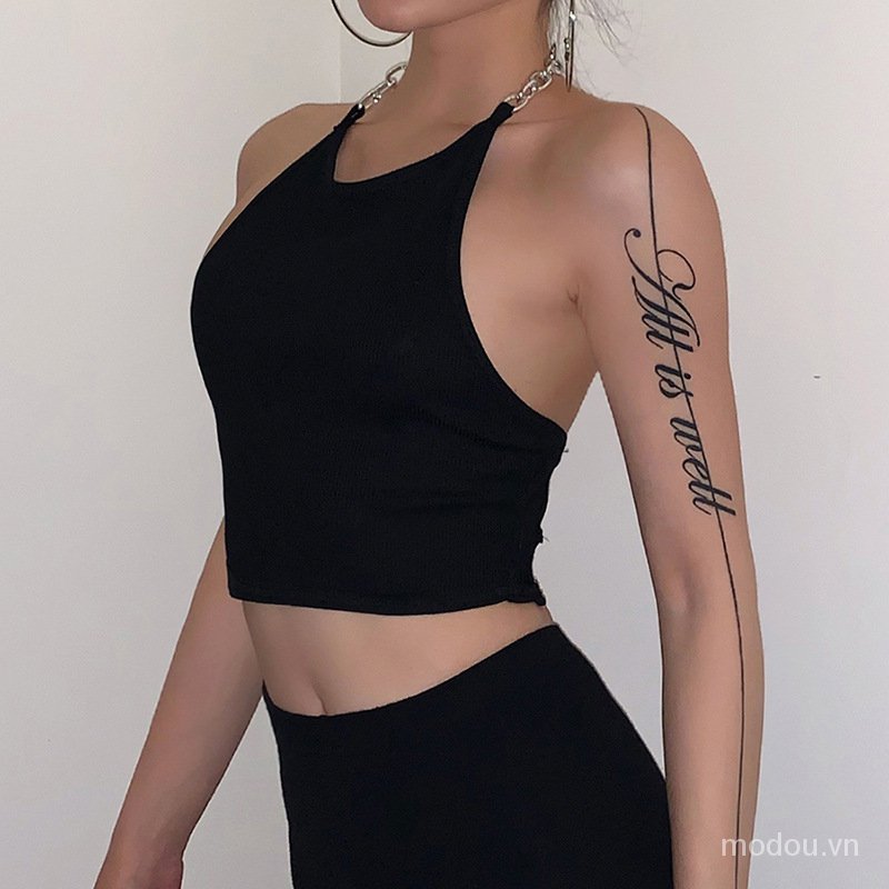Áo Crop Top Dây Xích Cổ Yếm Hở Lưng Gợi Cảm Cho Nữ