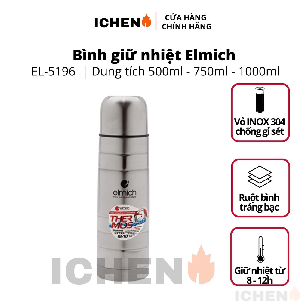 Bình giữ nhiệt nóng lạnh Elmich tráng bạc 500 - 750 - 1000ml - lõi Inox 304 Chất lượng Châu Âu