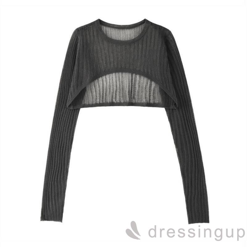 DRE-Women Summer Tops, Solid Color Long Sleeve Round Neck Cutout Sheer Knitted Tops