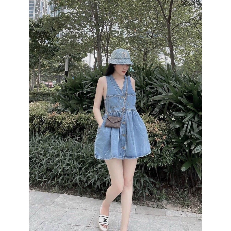 Váy bò sát nách xanh nhạt, chất jean mền đầm dáng xoè-Minxy shop