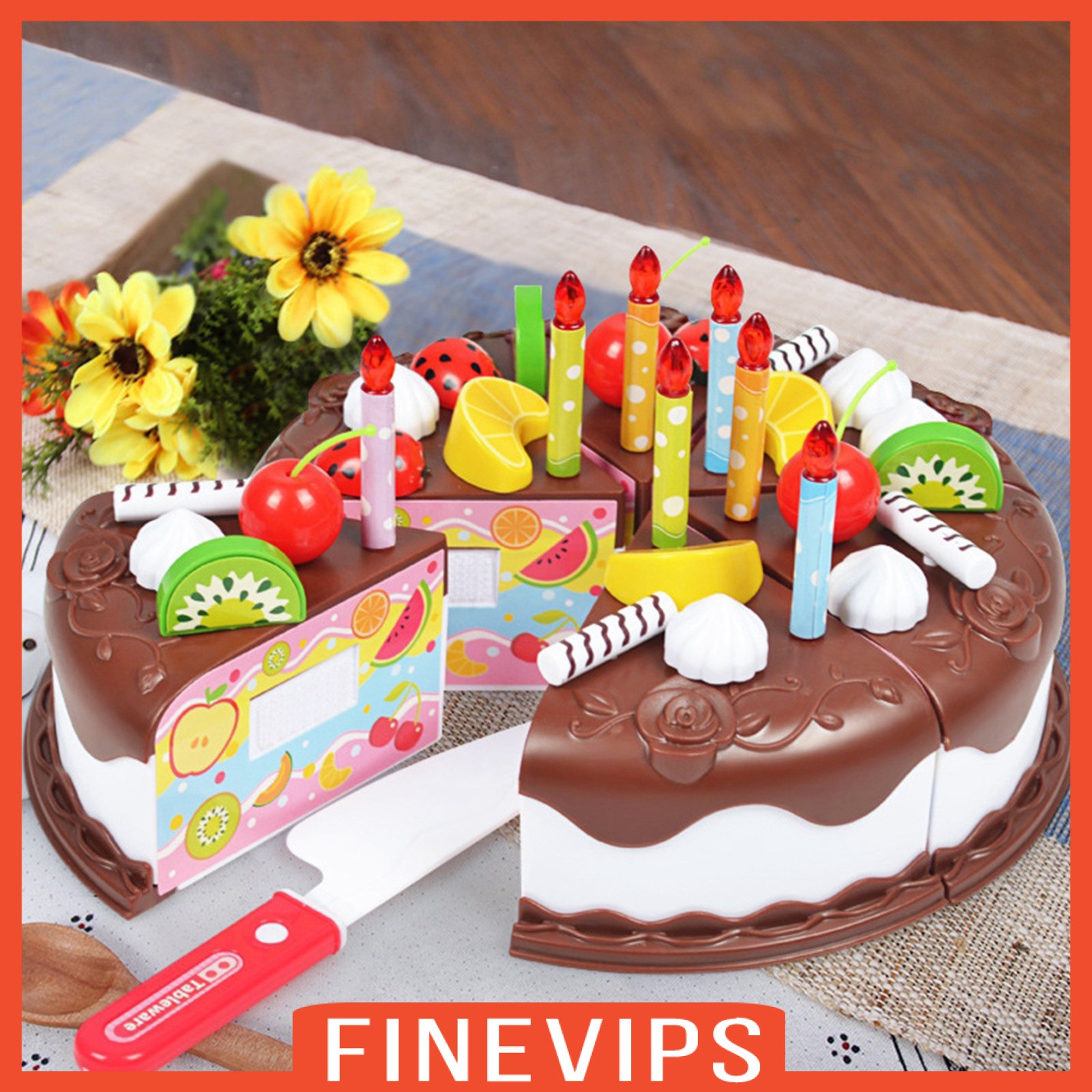 [FINEVIPS] 37 Pcs DIY Birthday Fruit Cake Set Kids Pretend Play Food Toy Kitchen Shop Gifts