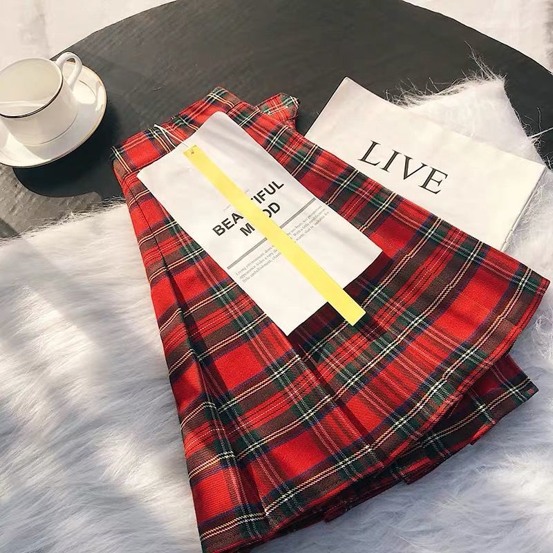 Chân váy ngắn dáng chữ A xếp ly kẻ sọc caro lưng cao phong cách mới thời trang xuân thu cho nữ 2021