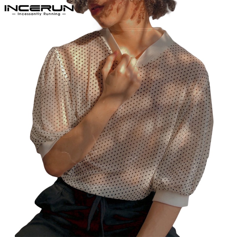 INCERUN Áo Thun Tay Lửng Xuyên Thấu Họa Tiết Chấm Bi Thời Trang Mùa Hè Cho Nam