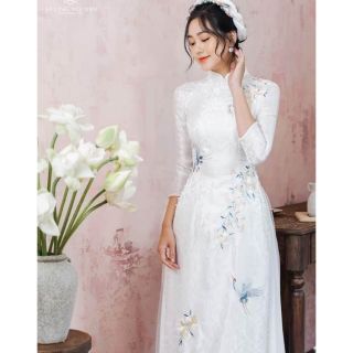 Áo dài gấm tơ trắng 2tà