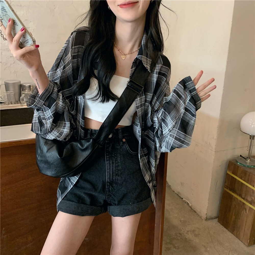 Áo sơ mi chiffon SUXI tay dài họa tiết sọc caro thời trang mùa hè cho nữ