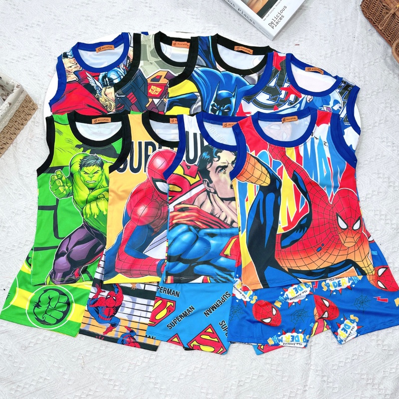 Đồ bộ bé trai, bộ ba lỗ size đại in 3D họa tiết siêu anh hùng chất thun lạnh Xu Xu Kids size từ 17 đến 35kg
