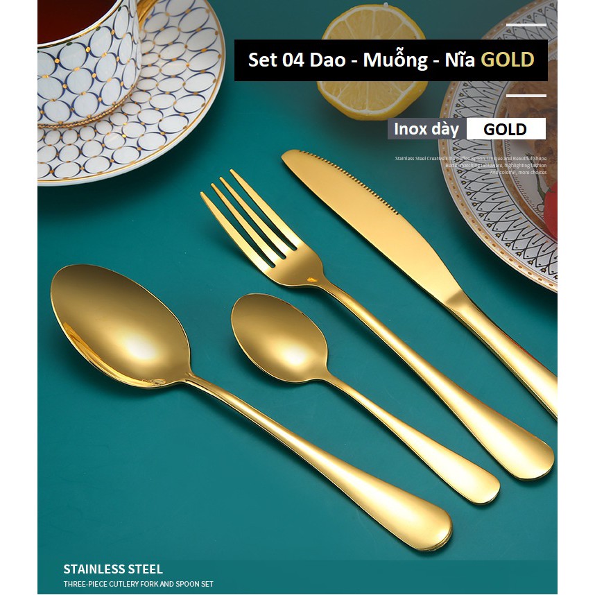 Bộ Dao Muỗng Nĩa Inox Vàng Gold 4 Món Loại Dày, Hàng Đẹp, Sang Trọng, Đẳng Cấp