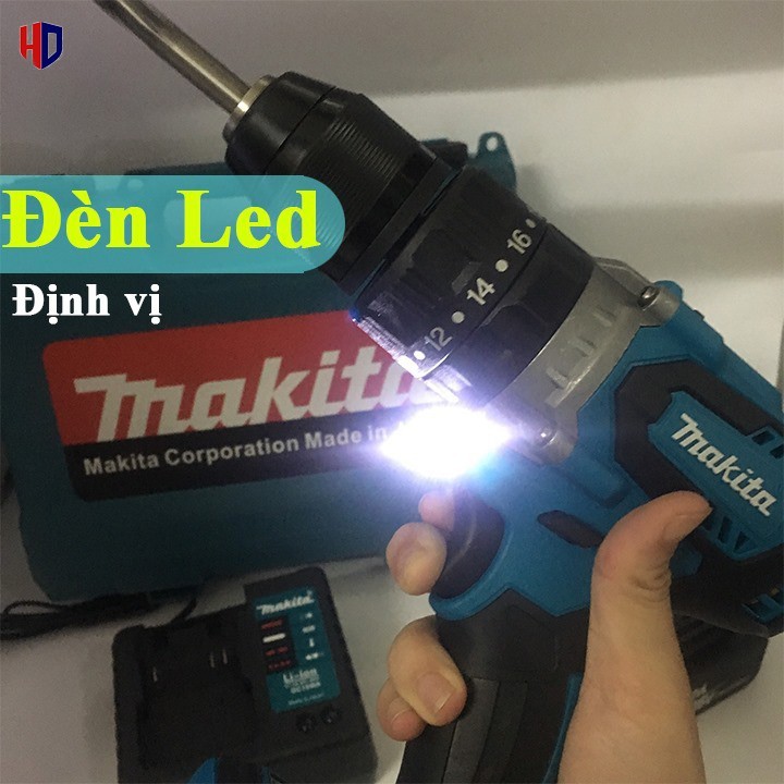 Máy Khoan Pin Makita 128V Không Chổi Than-3 Chức Năng Có Búa-Đầu 13mm Autolock-Pin 10 Cell