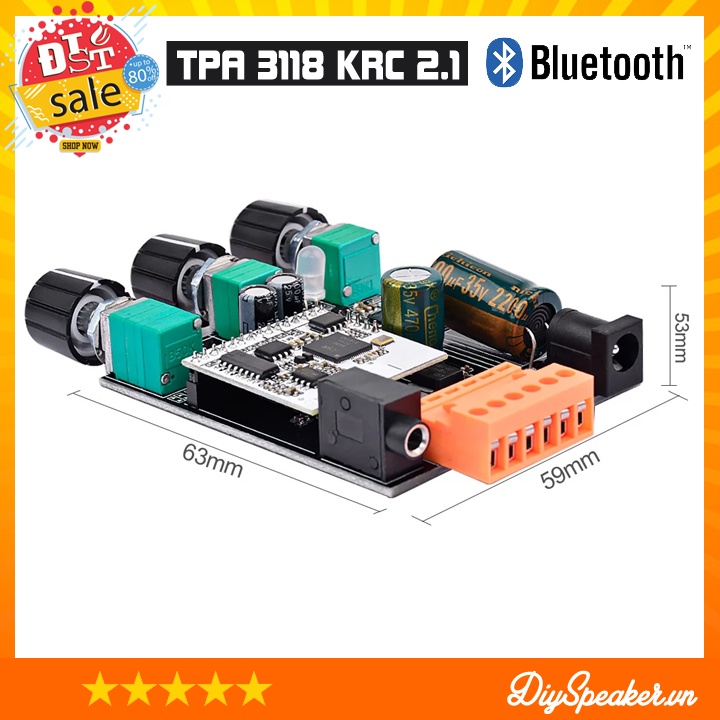 Mạch khuếch đại âm thanh Bluetooth TPA 3118 KRC 2.1 30*30+60w ver 2. CHạy chip TPA3118 và TPA3110 từ DiySpeaker