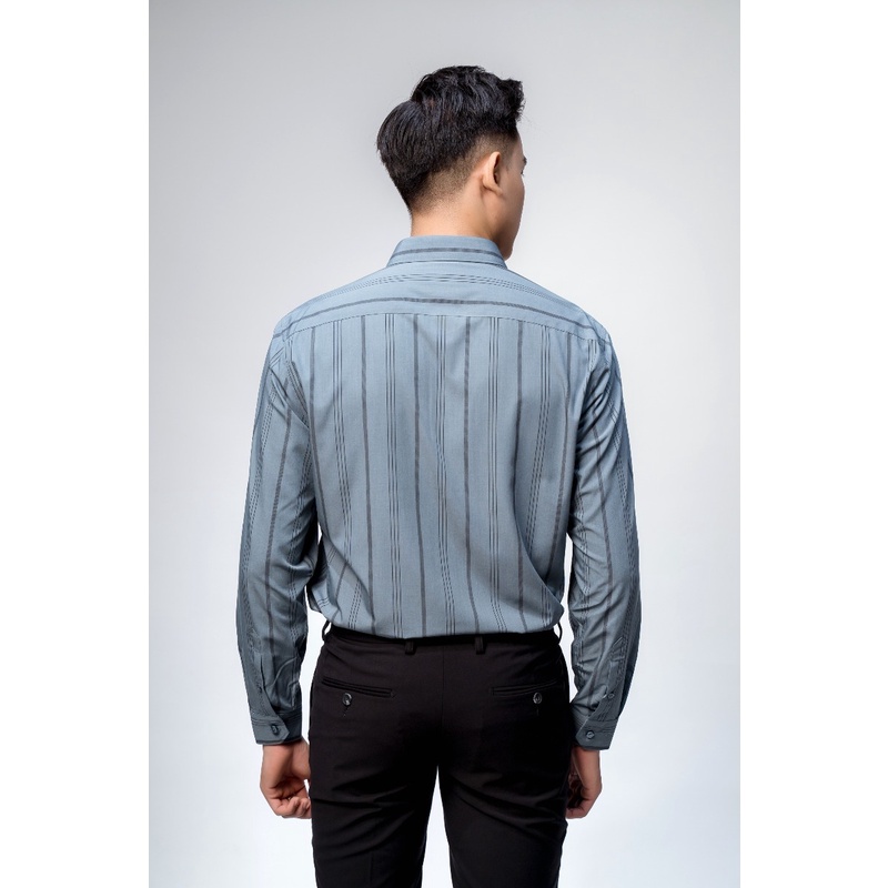 Áo sơ mi nam dài tay OWEN AS23379D somi công sở vải sợi tre cao cấp màu ghi xám kẻ sọc dáng ôm tà lượn không túi