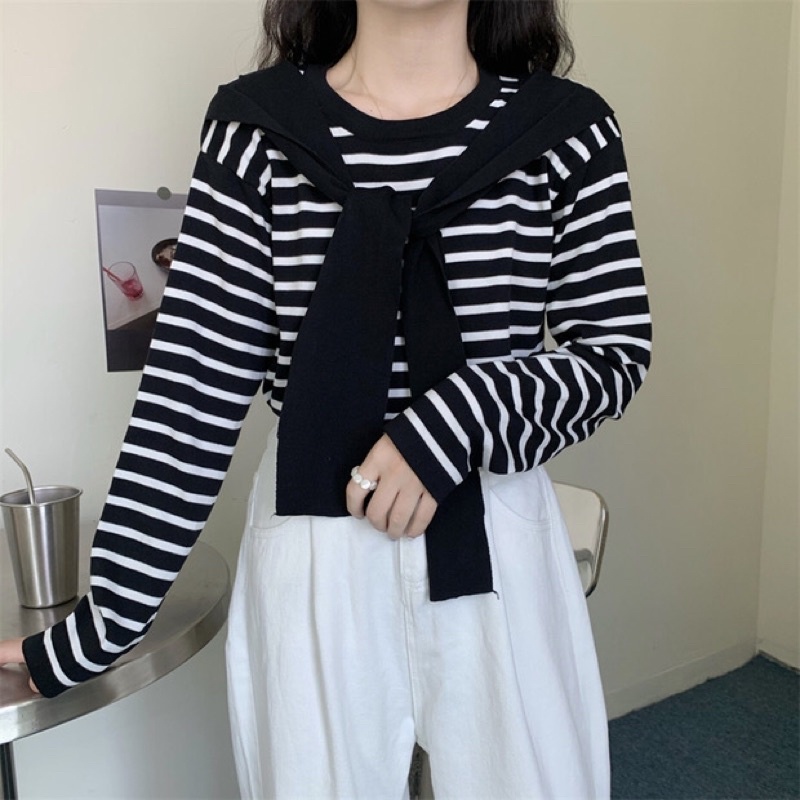 Áo phông kẻ sọc oversize có vạt áo buộc xinh xắn dễ thương ,hot nhất thu đông 2023