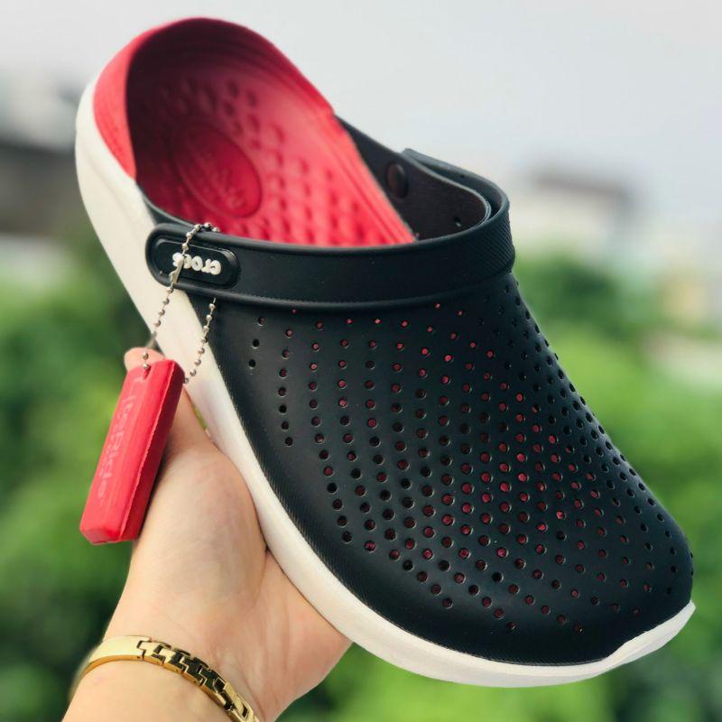 Dép Cross Literide  FREESHIP + Hàng loại 1 + Hộp  giày sục sandal Crocs quai ngang bít đầu nam nữ, kèm tag đen-đỏ