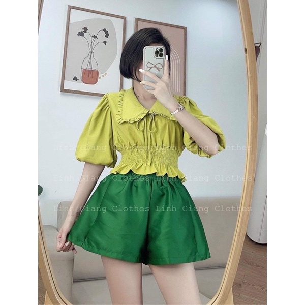 Áo sơ mi kiểu cộc tay cổ sen chun eo croptop nơ ngực 3 màu siêu xinh (Hàng có sẵn)