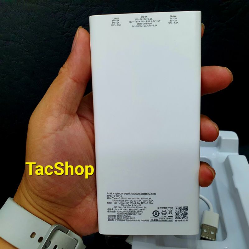 Pin dự phòng Pisen TS-D314 dung lượng 10500mAh hỗ trợ sạc nhanh QC 3.0 và PD 22.5W - tích hợp màn hình LCD