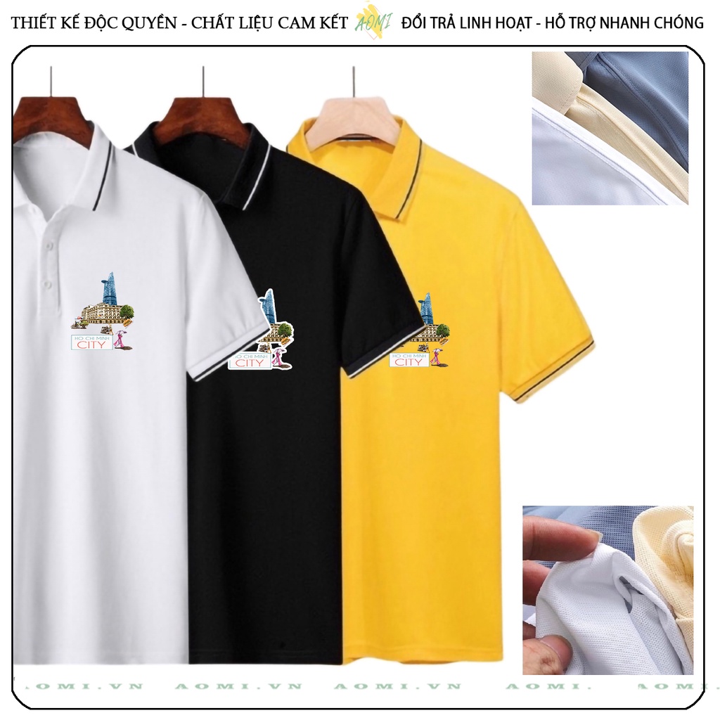 ÁO POLO SÀI GÒN HỒ CHÍ MINH CITY CÁ SẤU MÈ ĐEN TRẮNG VÀNG UNISEX PHÔNG NAM NỮ THUN CỔ BẺ BASIC GIA ĐÌNH AOMIVN