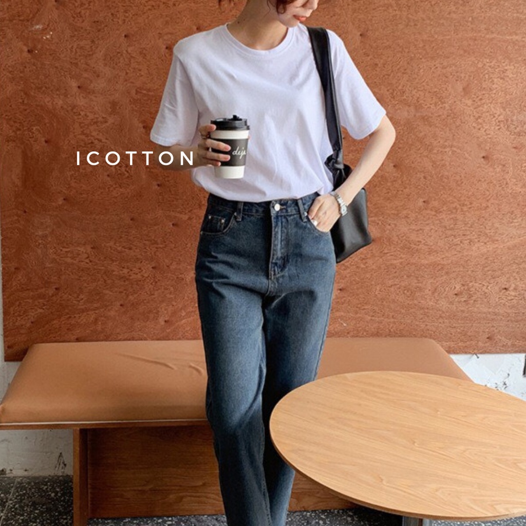 Áo thun trơn nữ basic ❤️iCotton❤️ áo phông nữ form rộng, tay lỡ 100% cotton,trắng đen cao cấp