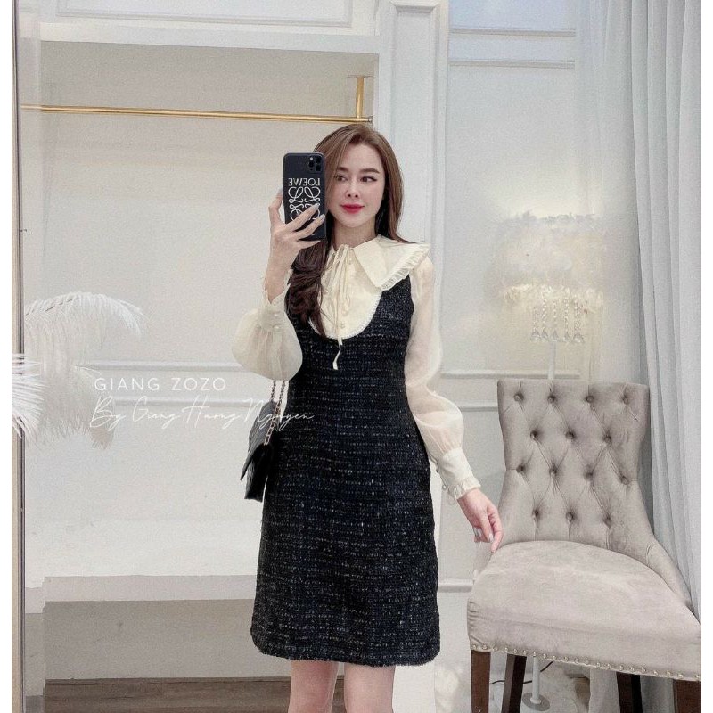 Váy dạ đen tay voan ba cúc