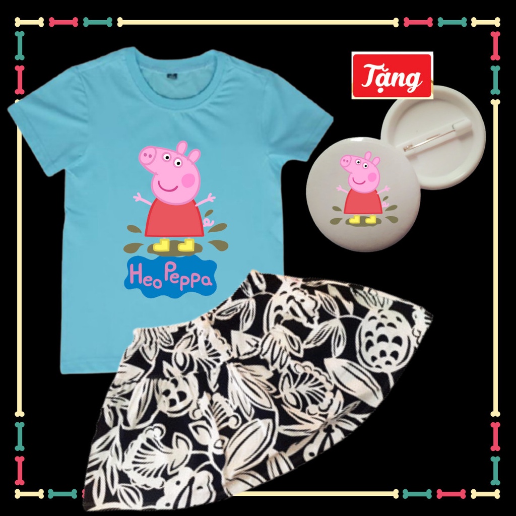 Set Váy Cotton+Áo thun Peppa Pig  dễ thương cho bé gái đủ size áo-Tặng Huy Hiệu Peppa Pig