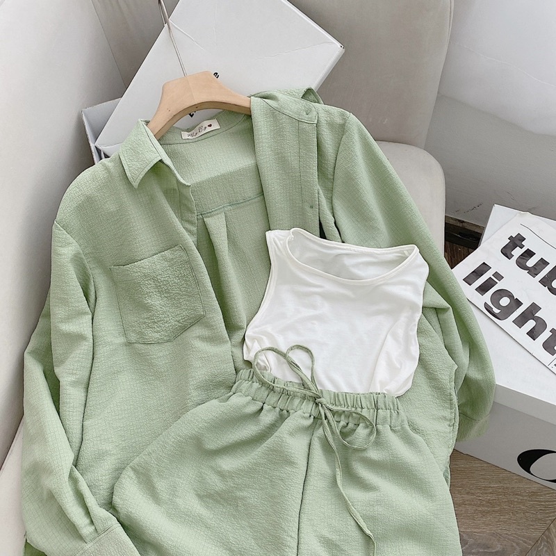 SET 3 MÓN : ÁO SƠ MI + ÁO SÁT NÁCH TRẮNG + QUẦN SHORT LƯNG THUN