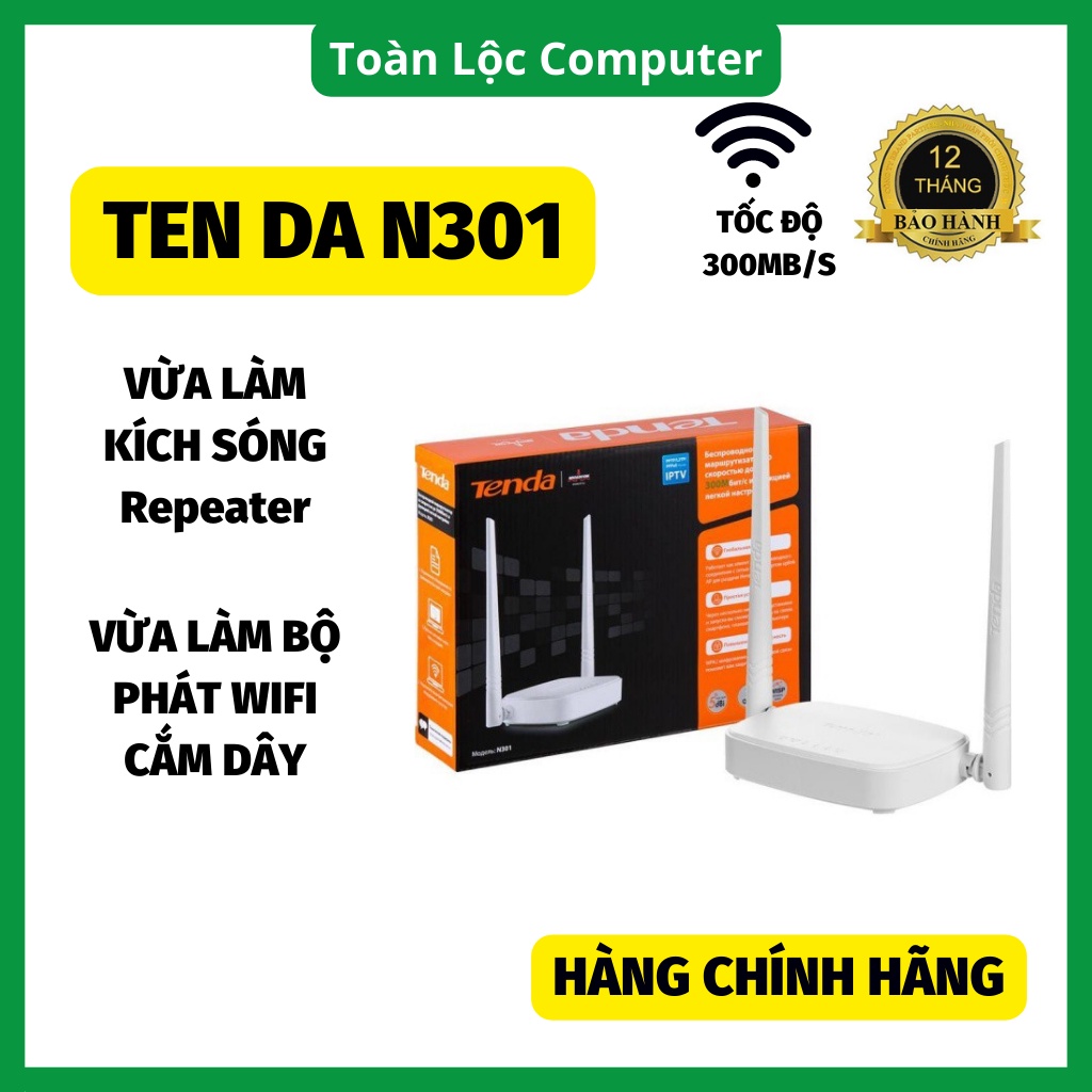 Bộ phát wifi kích sóng Tenda N301 2 Râu Chuẩn N300Mbps Hàng Chính Hãng