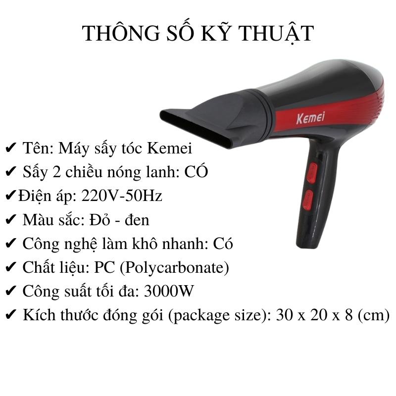 Máy sấy tóc salon 3000W 2 chiều nóng lạnh công suất lớn chính hãng KEMEI cao cấp - AKA Mart