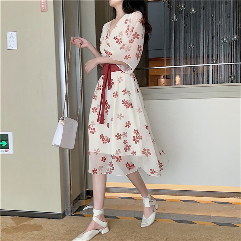 Váy Đầm Voan Kiểu Nhật ⚡️ẢNH THẬT⚡️ Váy Hoa Đỏ Yukata Kiểu Nhật Cực Xinh Chào Hè Cho Các Nàng