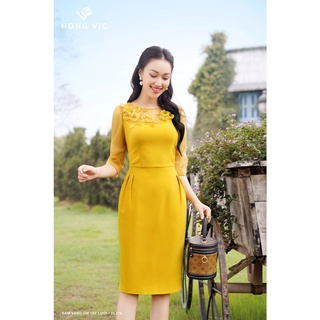 Đầm nữ thiết kế Hongvic vàng ôm tay lưới DL279