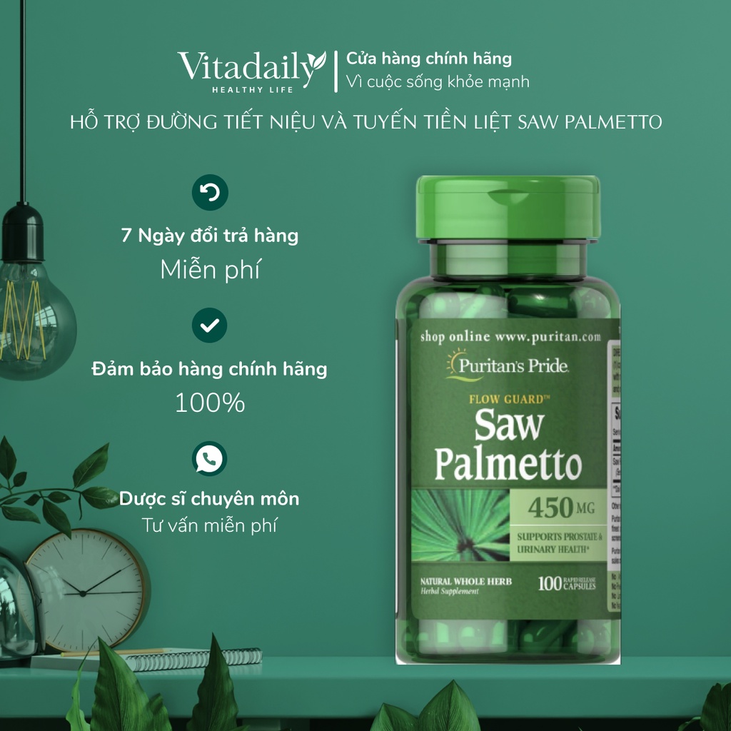 Hỗ trợ đường tiết niệu và tuyến tiền liệt Saw Palmetto 450 mg 100v Puritan’s Pride