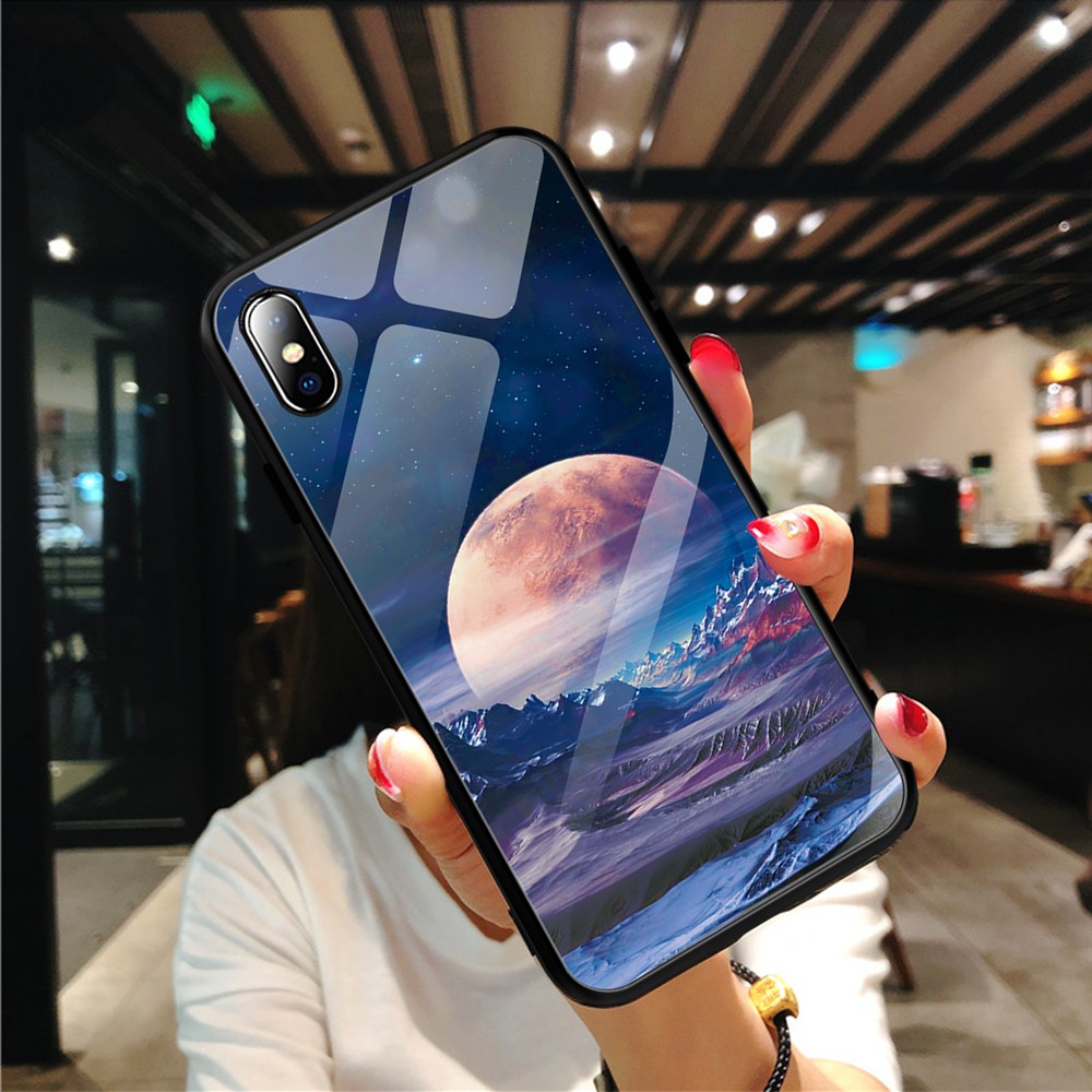 Ốp điện thoại mặt kính cường lực in họa tiết hoa/bầu trời cho iPhone X 8 8 Plus 7 6 6s XS Max XR