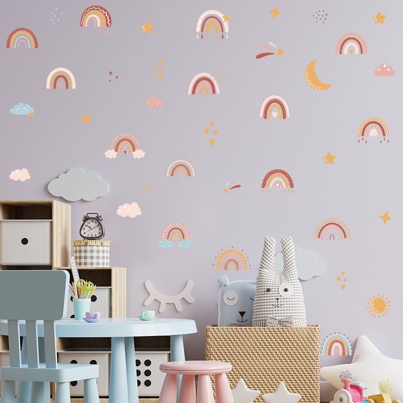 Giấy Dán Tường Họa Tiết Hoạt Hình Cầu Vồng/Mặt Trăng/Ngôi Sao Xinh Xắn