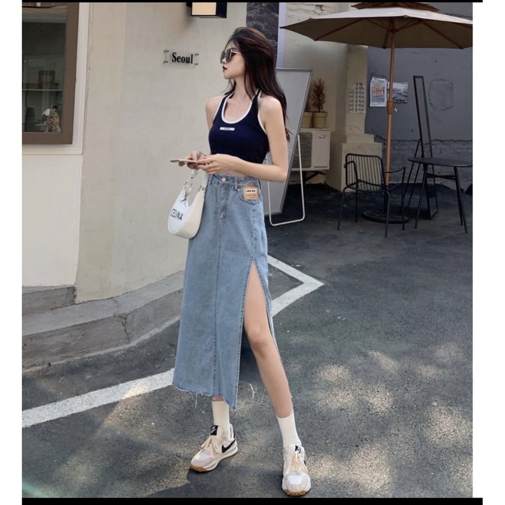 [Mã SRJULY1215 giảm 20K đơn 50K] Chân Váy Jeans Dáng Dài Lưng Cao Chữ A Xẻ Tà Thời Trang Cho Nữ | BigBuy360 - bigbuy360.vn