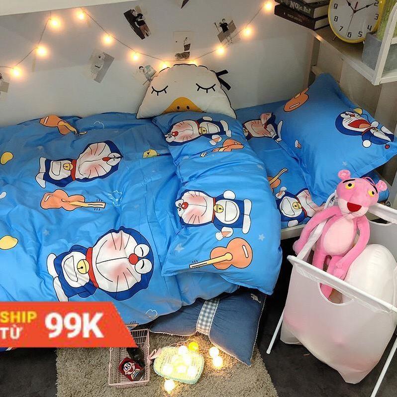 Bộ Chăn Ga Gối Cotton Poly Doremon Chăn Chần Bông .
