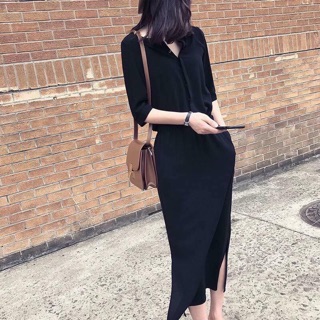 Sơ mi liền váy xẻ tà đen XL