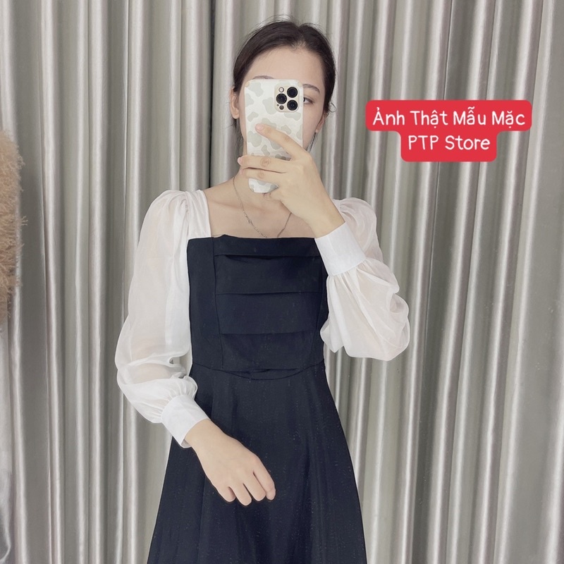 Váy Cổ Vuông Ly Ngực Tay Phối Trắng Dáng Dài Siêu Xinh, Đầm Nữ Dáng Suông Có Ảnh Thật Kèm Video | BigBuy360 - bigbuy360.vn